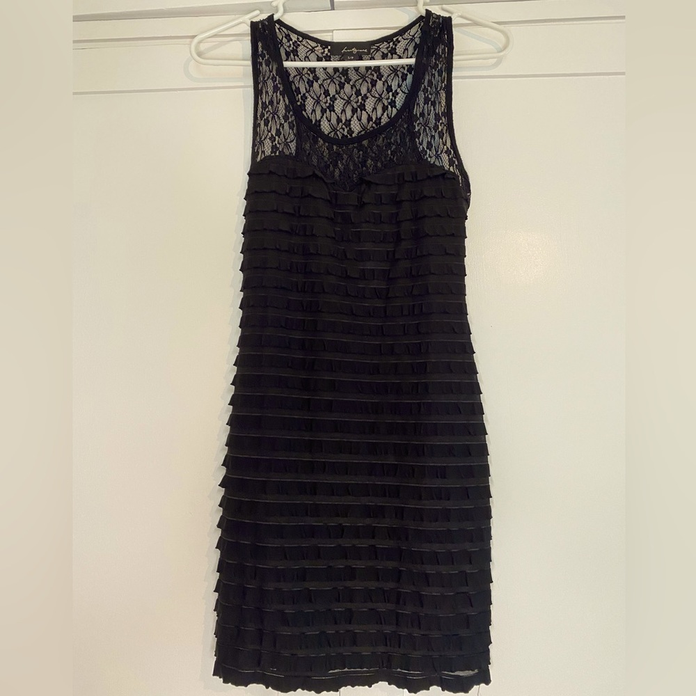 Size small black fitted dress with lace features